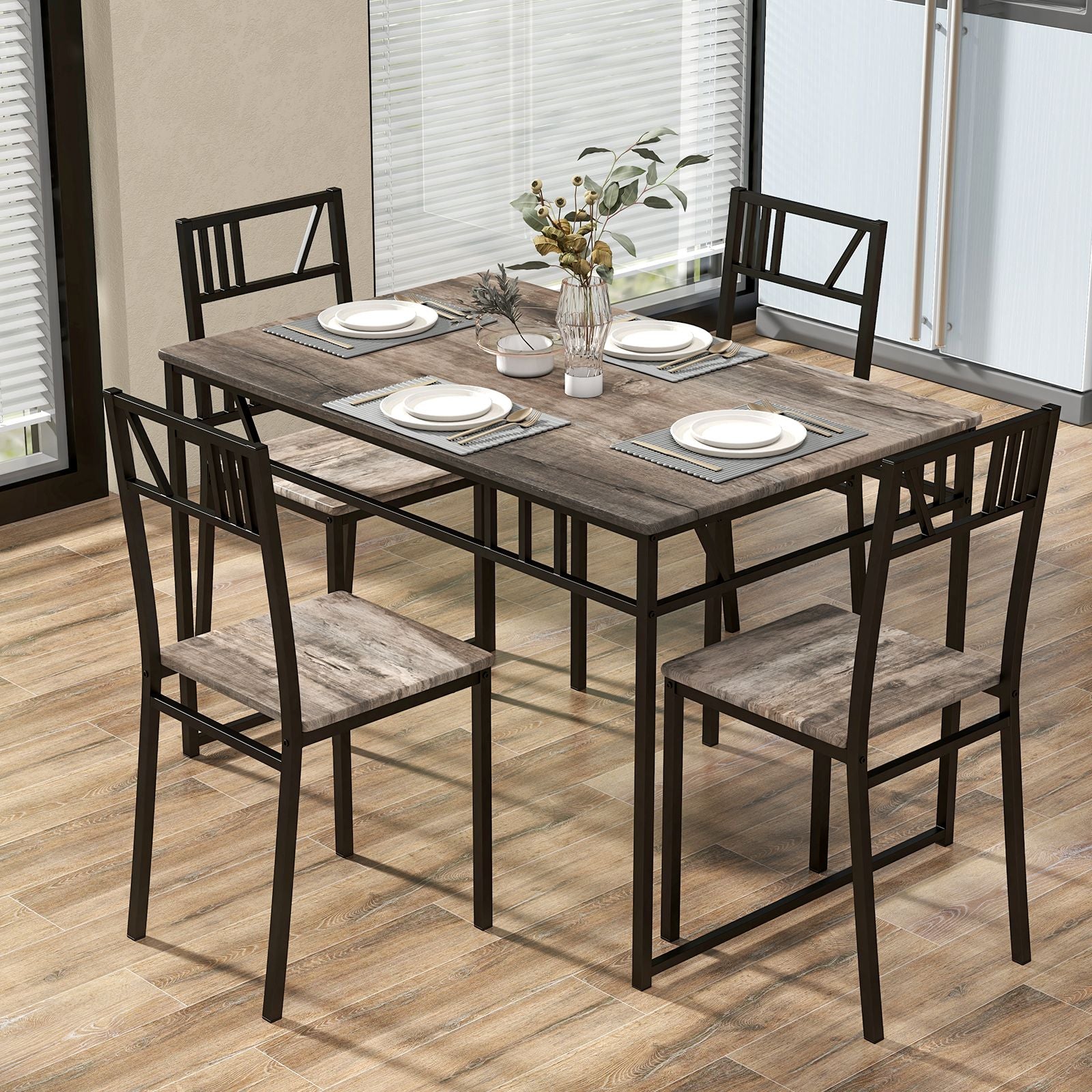 IndustrialNest: Industrial-Style Kitchen Table and 4 Chairs with Wood like Tabletop and Metal Frame