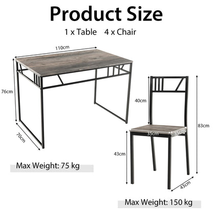 IndustrialNest: Industrial-Style Kitchen Table and 4 Chairs with Wood like Tabletop and Metal Frame