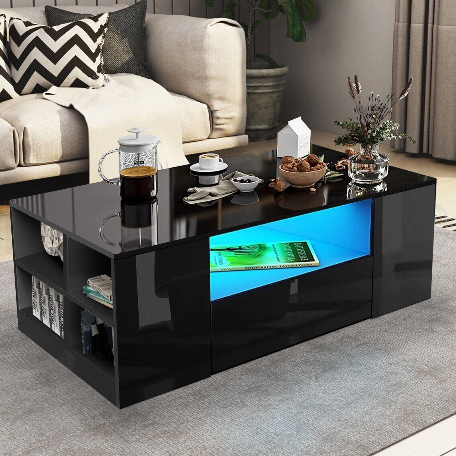 FutureNest: Stylish High Gloss Wooden LED Coffee Table with Storage & 2 Drawers for Modern Living Rooms