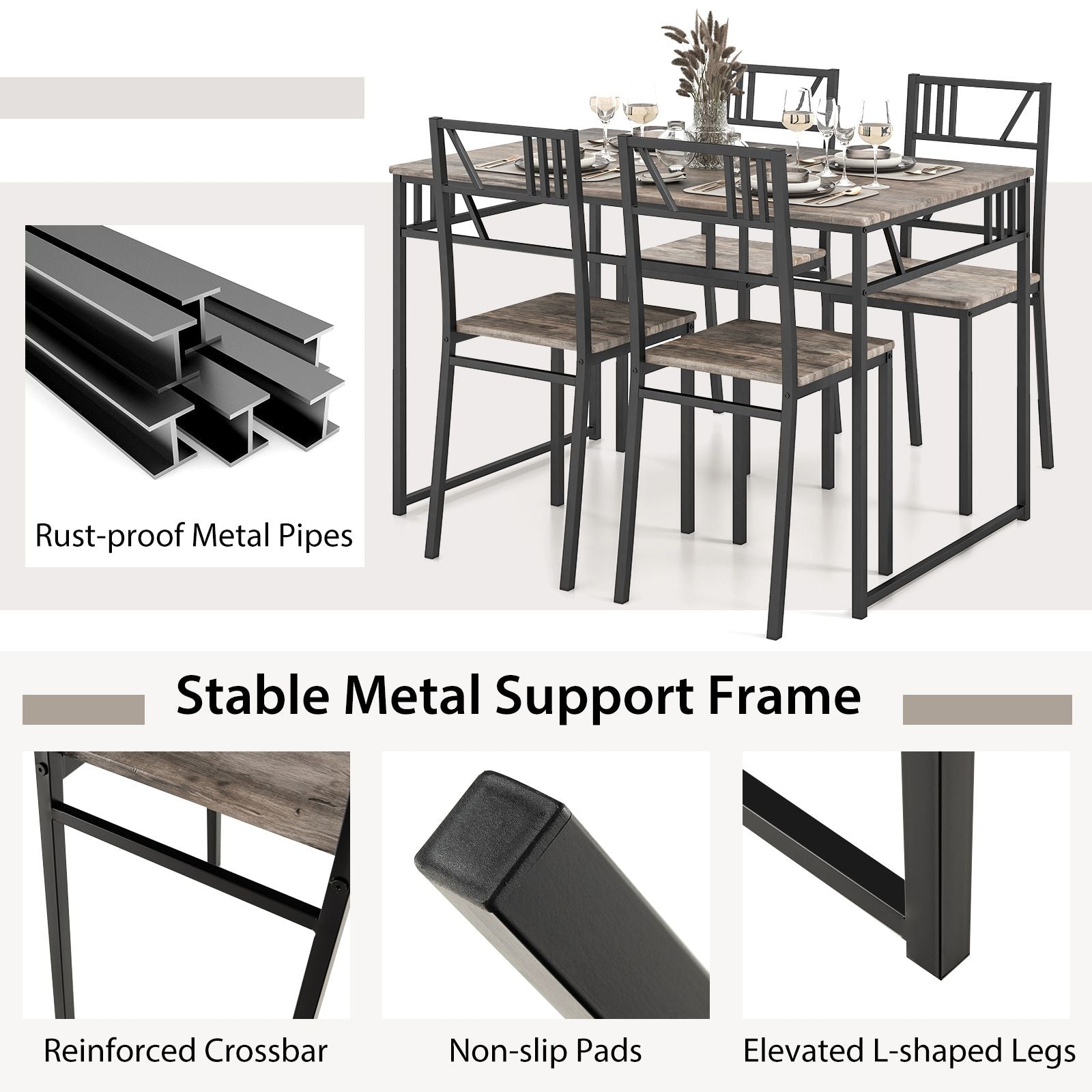 IndustrialNest: Industrial-Style Kitchen Table and 4 Chairs with Wood like Tabletop and Metal Frame