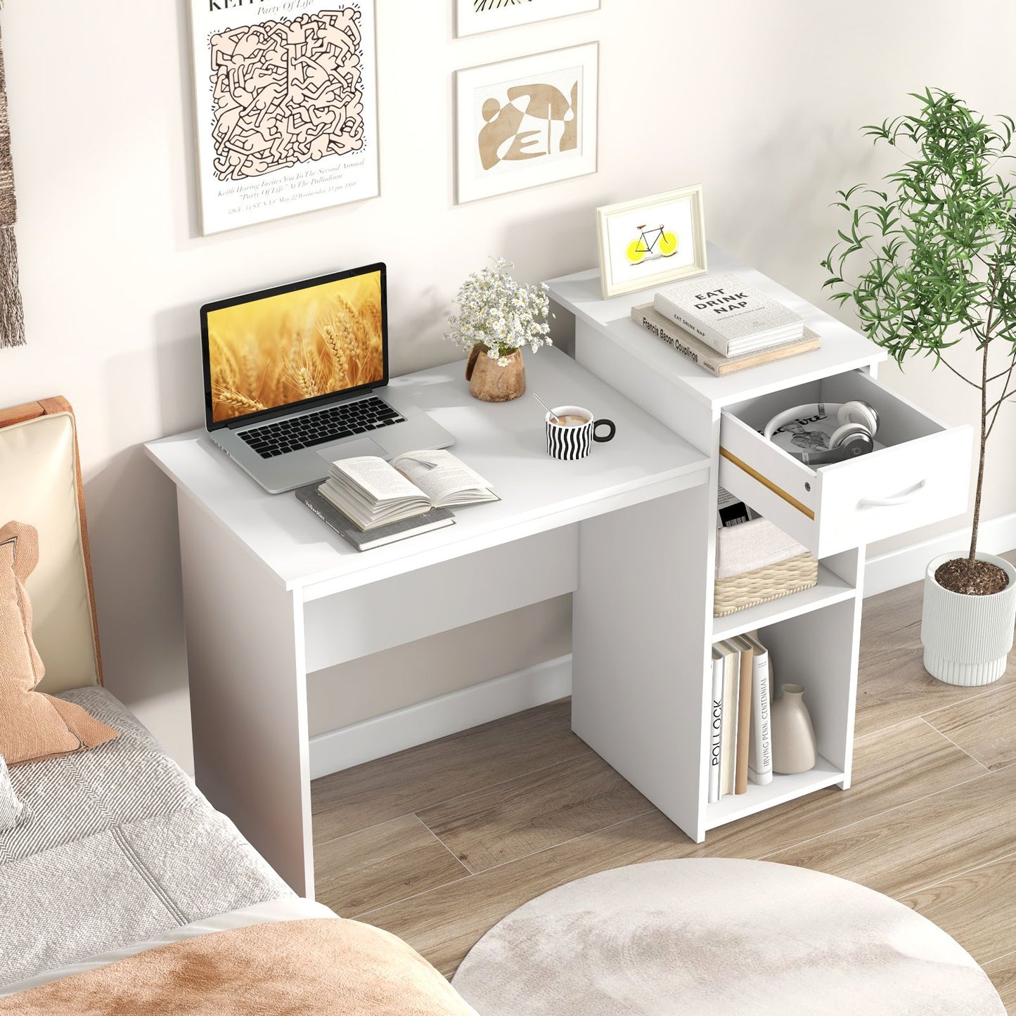 Modern Computer Desk with Adjustable Shelf and Cable Hole