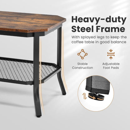 2-Tier Industrial Coffee Table with Open Metal Mesh Shelf