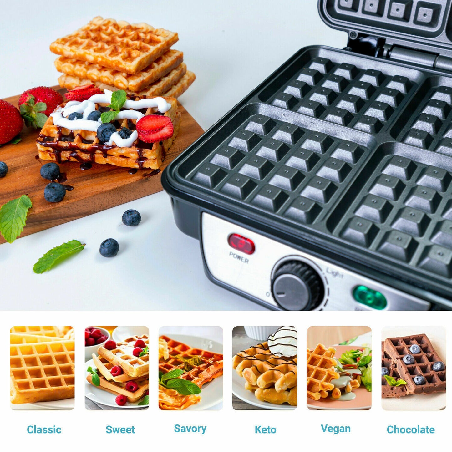 Belgian Quad Waffle Maker Machine Large 4 Slice Non Stick Iron Press 1000W Watt