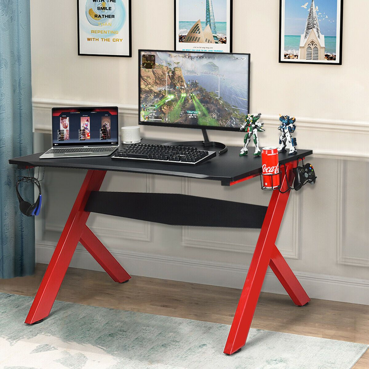 Gaming Computer Desk with Mouse Mat, Headphone and Controller Racks