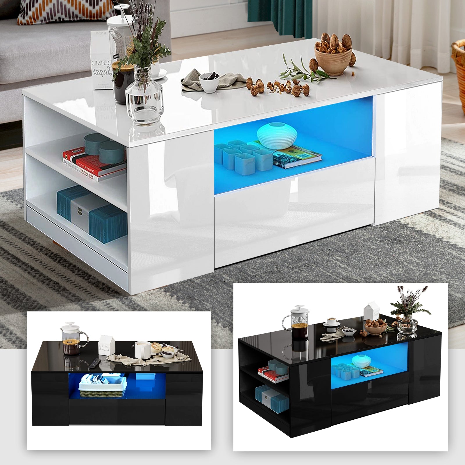 FutureNest: Stylish High Gloss Wooden LED Coffee Table with Storage & 2 Drawers for Modern Living Rooms