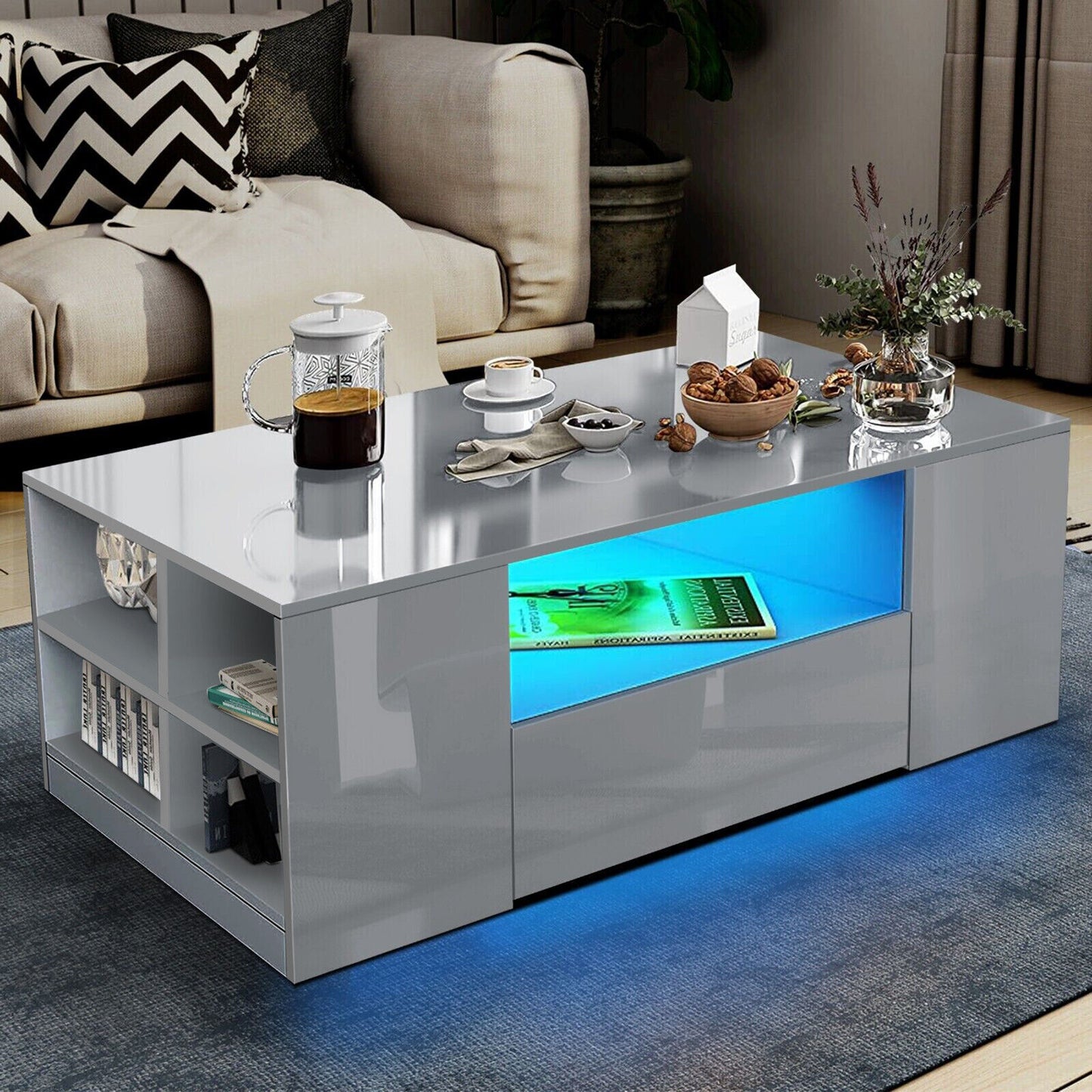 FutureNest: Stylish High Gloss Wooden LED Coffee Table with Storage & 2 Drawers for Modern Living Rooms