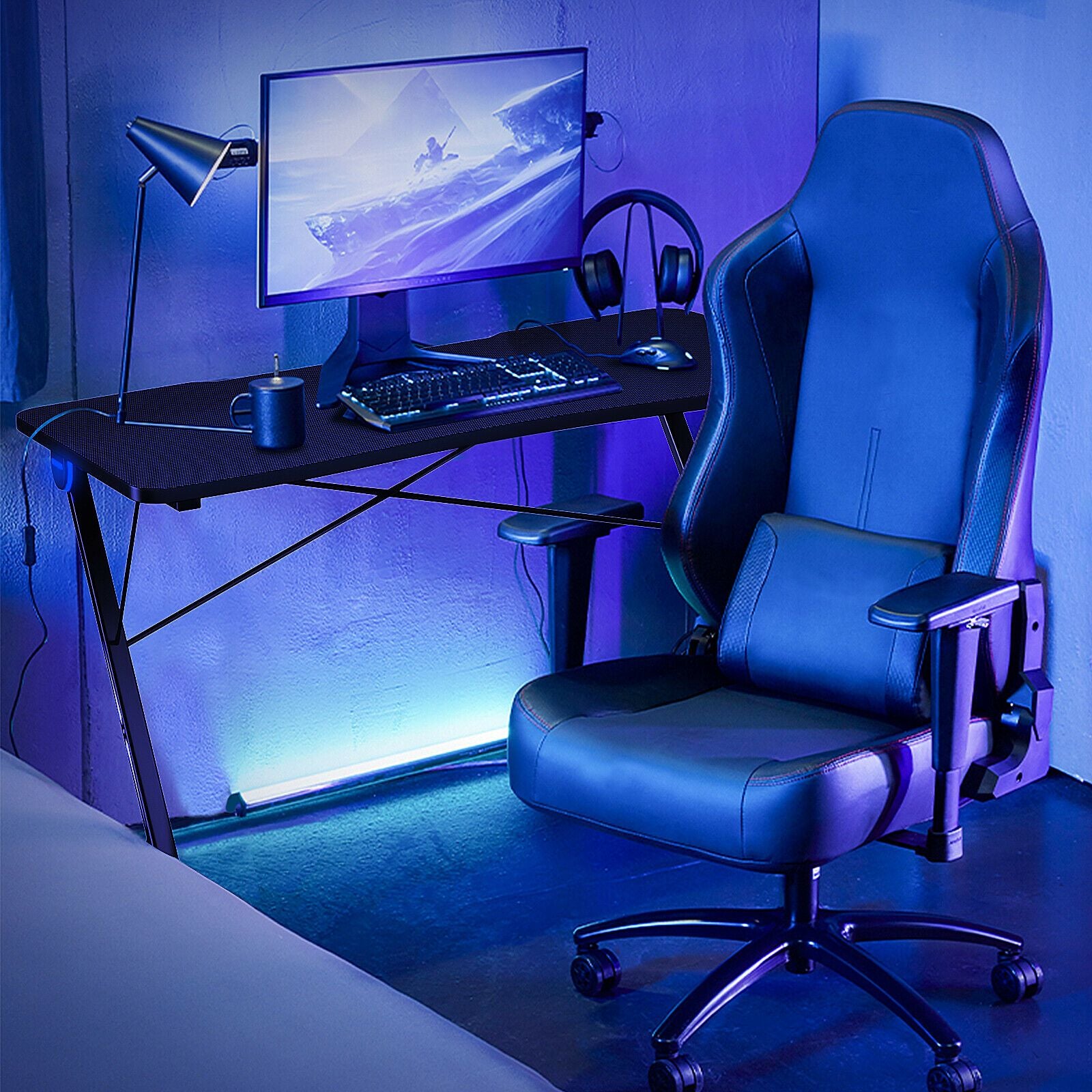 Z-Shaped Ergonomic Gaming Desk with Blue Lights