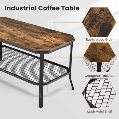 2-Tier Industrial Coffee Table with Open Metal Mesh Shelf