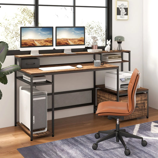 170 CM Computer Desk with Monitor Stand and File Drawer