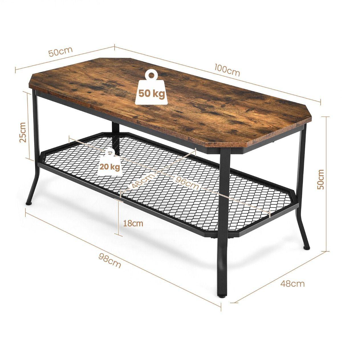 2-Tier Industrial Coffee Table with Open Metal Mesh Shelf