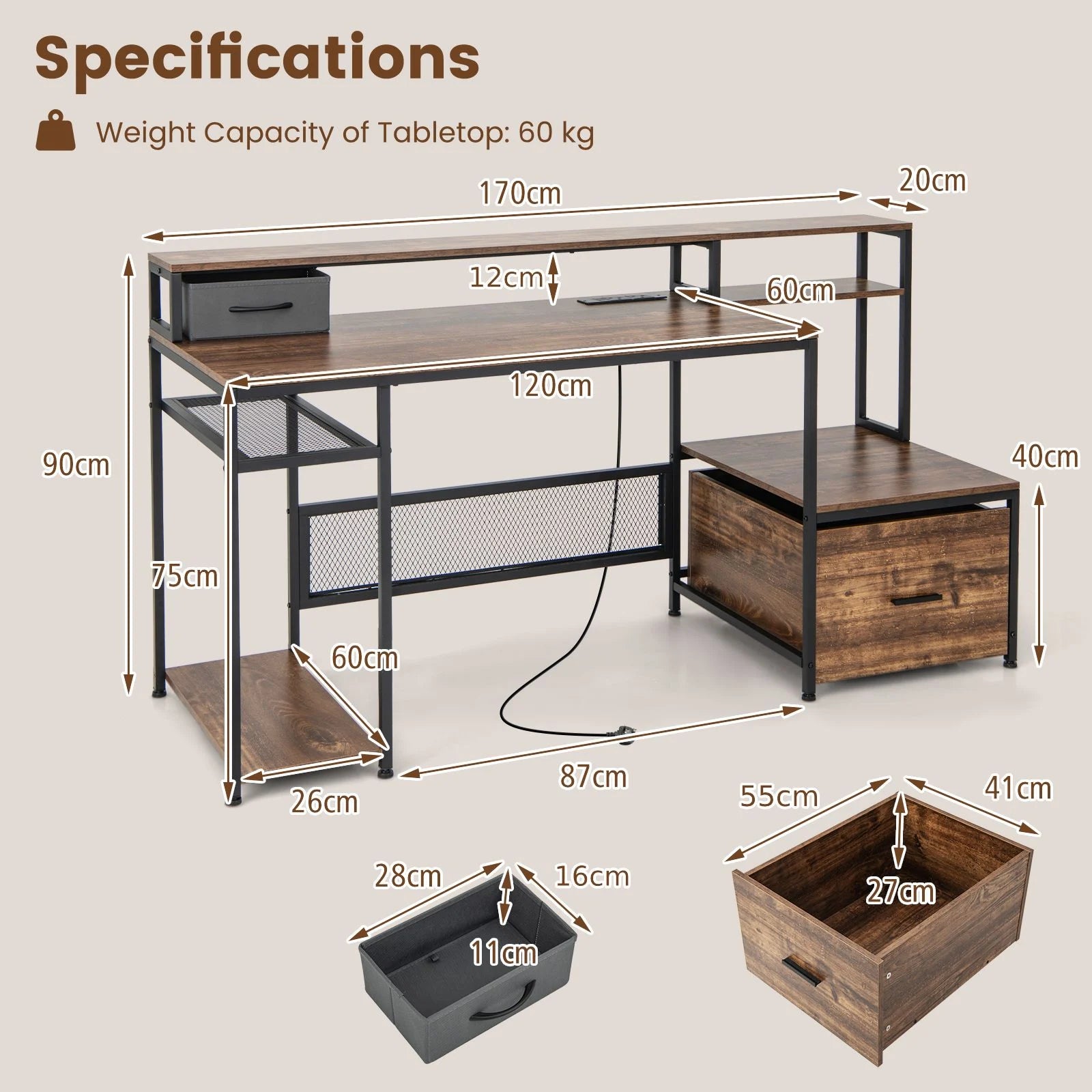 170 CM Computer Desk with Monitor Stand and File Drawer