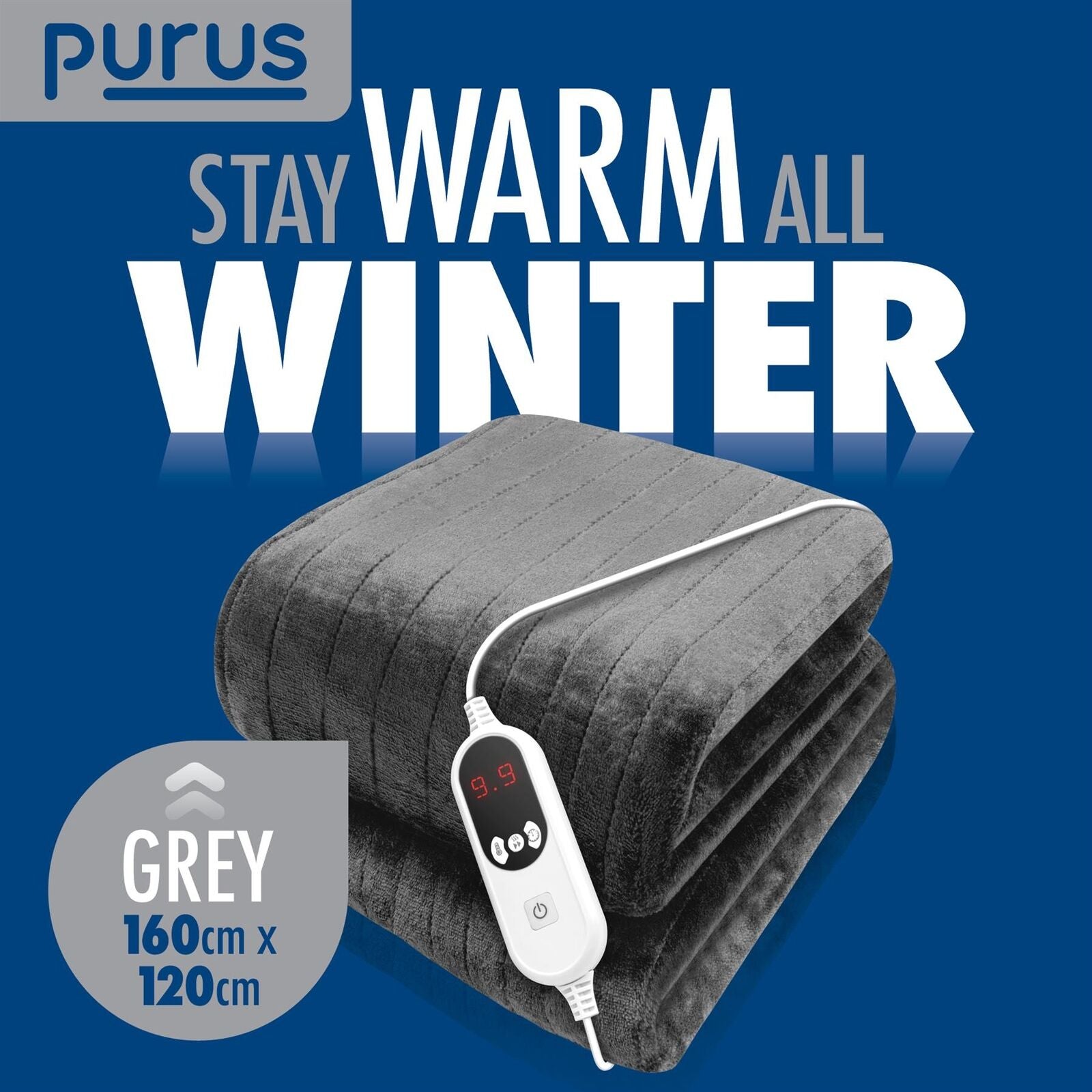 WinterNest: Electric Heated Blanket Throw 9 Heat Settings 160X120Cm Grey Overheat Protection