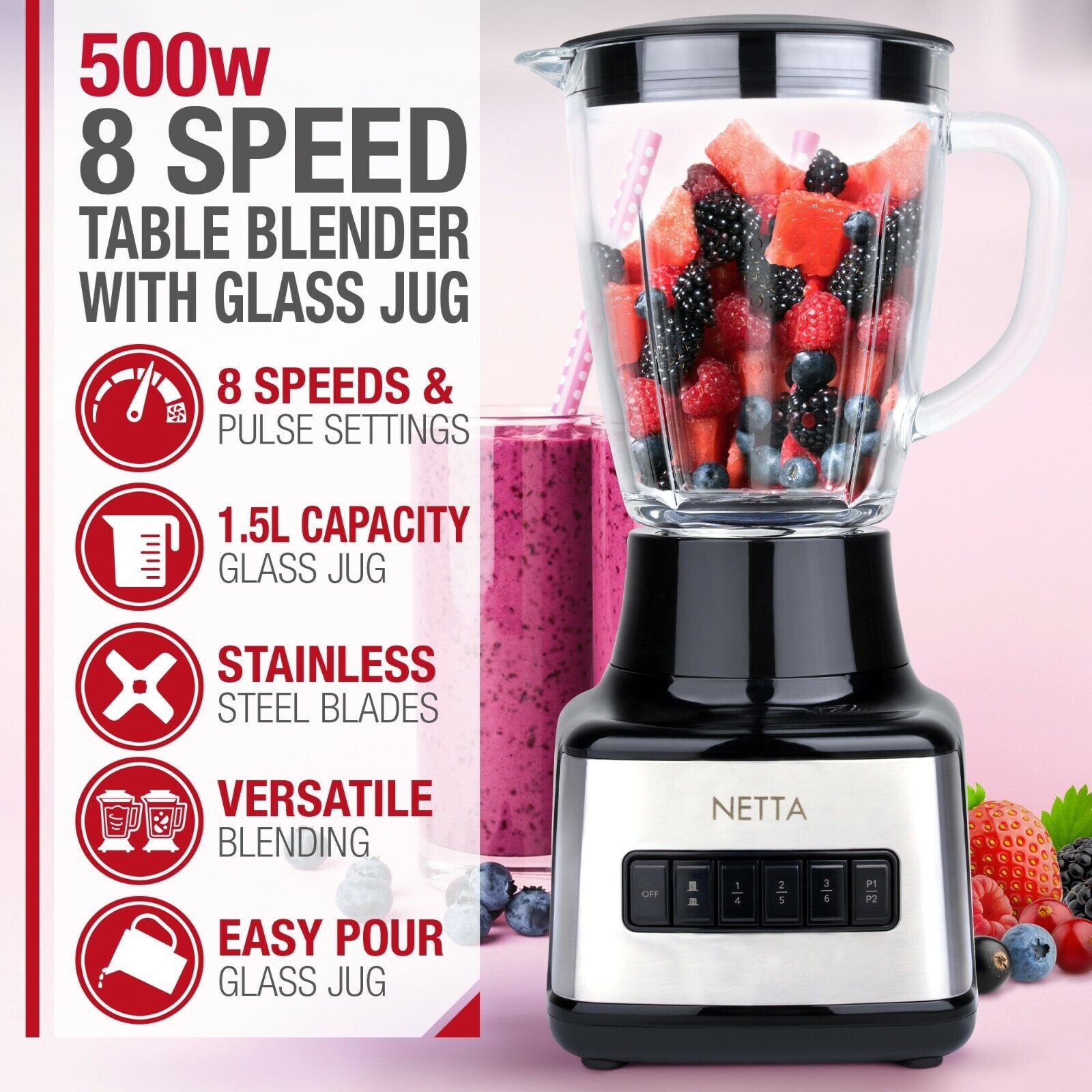 NETTA Table Blender Smoothie Maker with Glass Jug for Liquidisers, Milkshake