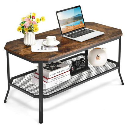 2-Tier Industrial Coffee Table with Open Metal Mesh Shelf