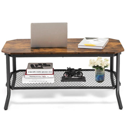 2-Tier Industrial Coffee Table with Open Metal Mesh Shelf