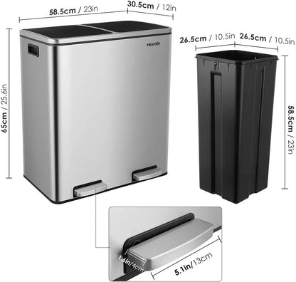 Brushed Stainless Steel 60L/16Gallon Rectangular Hands-Free Dual Compartment Recycling Kitchen Step Trash Can W/ Soft-Close Lid