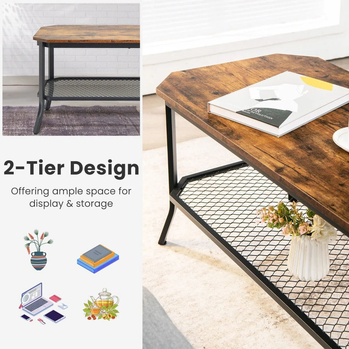 2-Tier Industrial Coffee Table with Open Metal Mesh Shelf