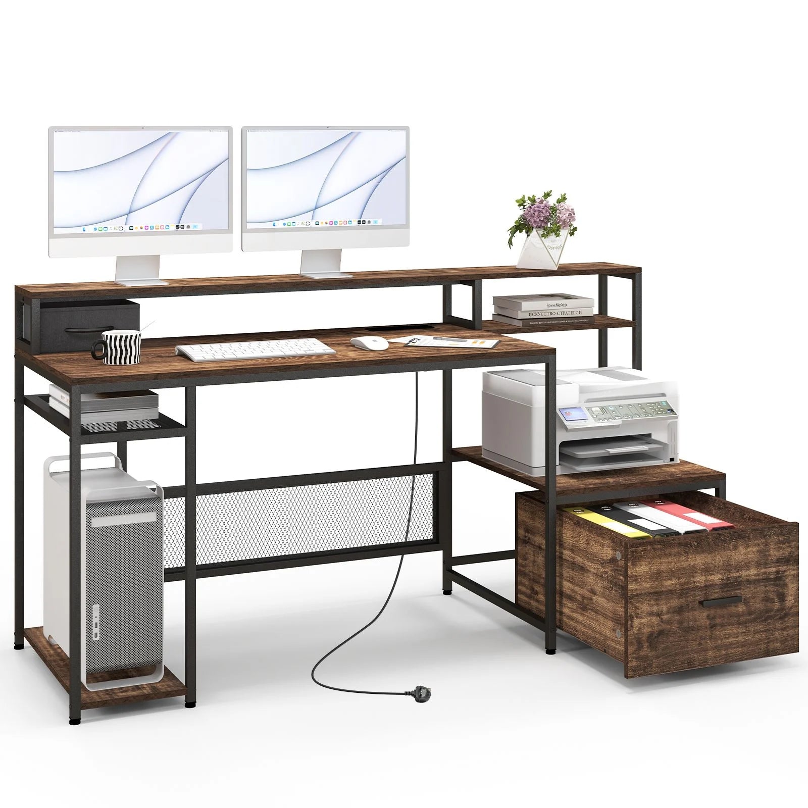 170 CM Computer Desk with Monitor Stand and File Drawer