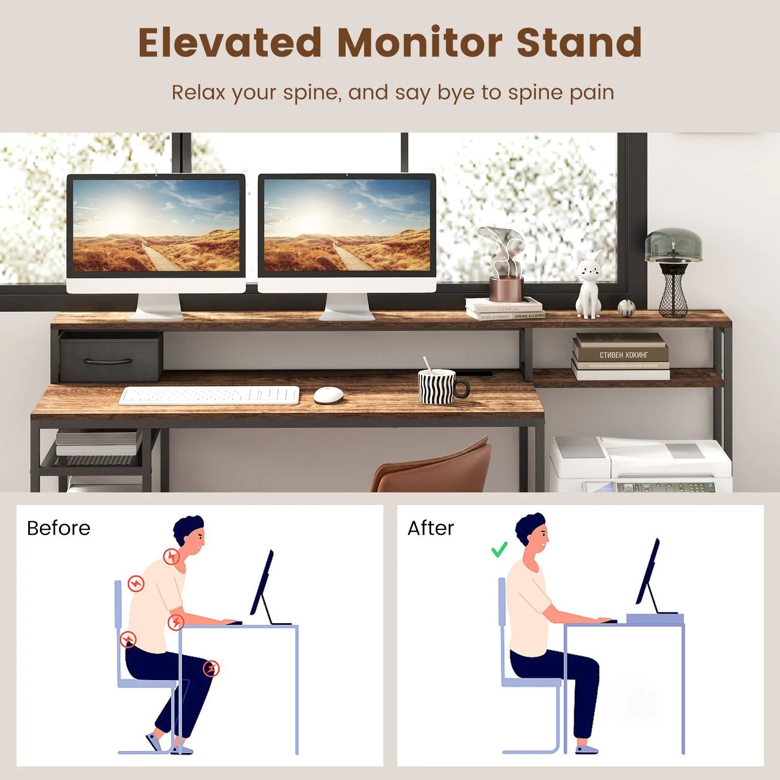 170 CM Computer Desk with Monitor Stand and File Drawer