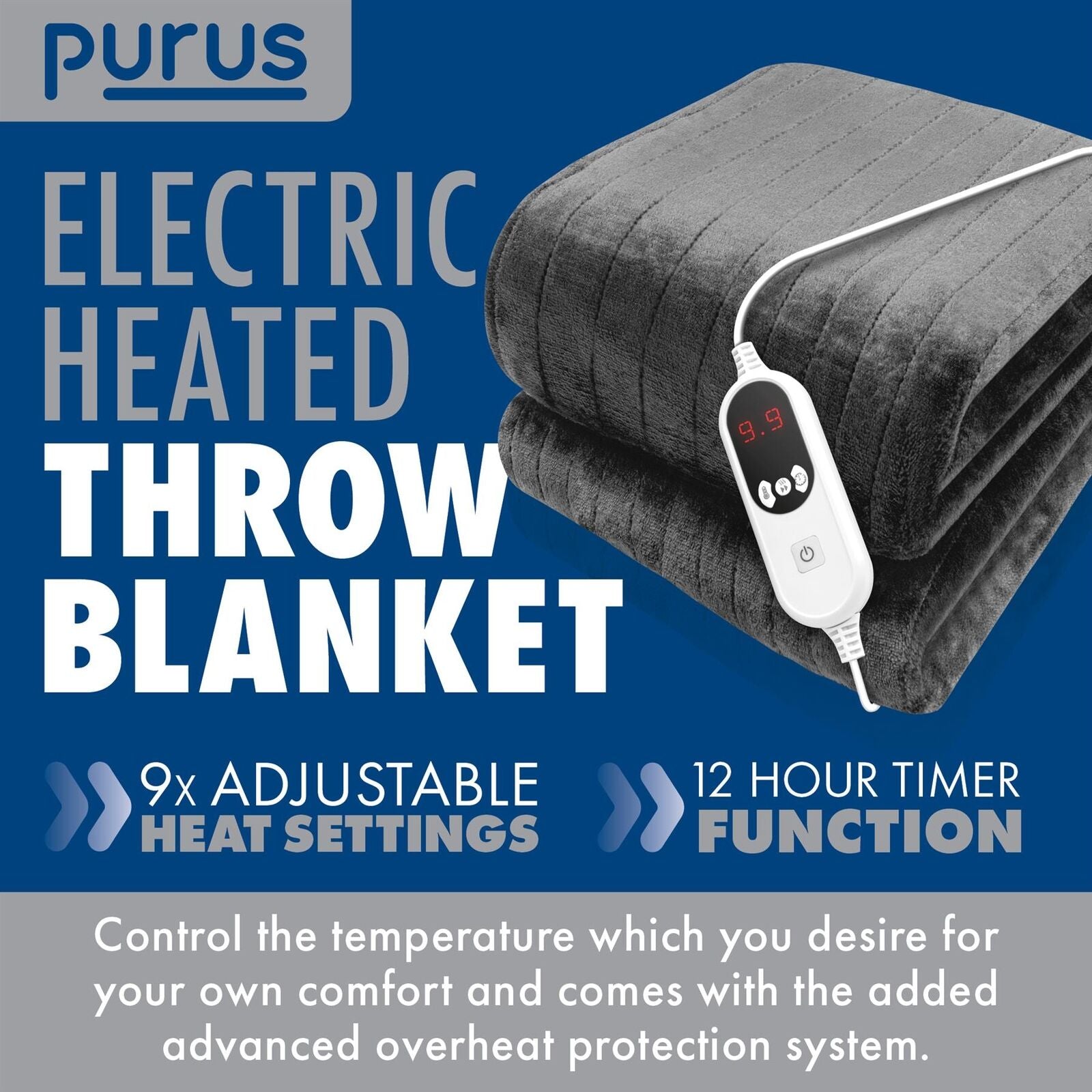 WinterNest: Electric Heated Blanket Throw 9 Heat Settings 160X120Cm Grey Overheat Protection