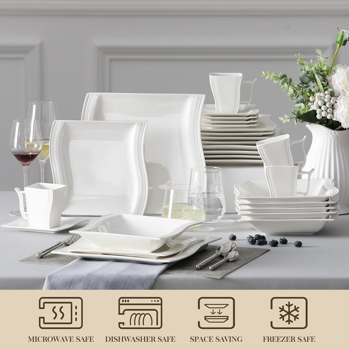 FLORA 30/60 Piece White Porcelain Dinner Set with 12*Cup,Saucer,Dessert Soup Dinner Plate Tableware Set for 12 Person