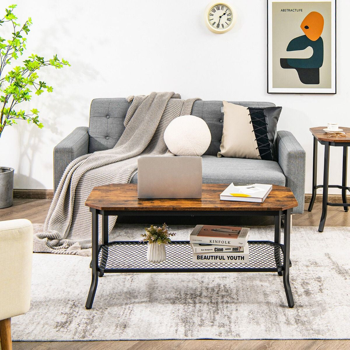 2-Tier Industrial Coffee Table with Open Metal Mesh Shelf