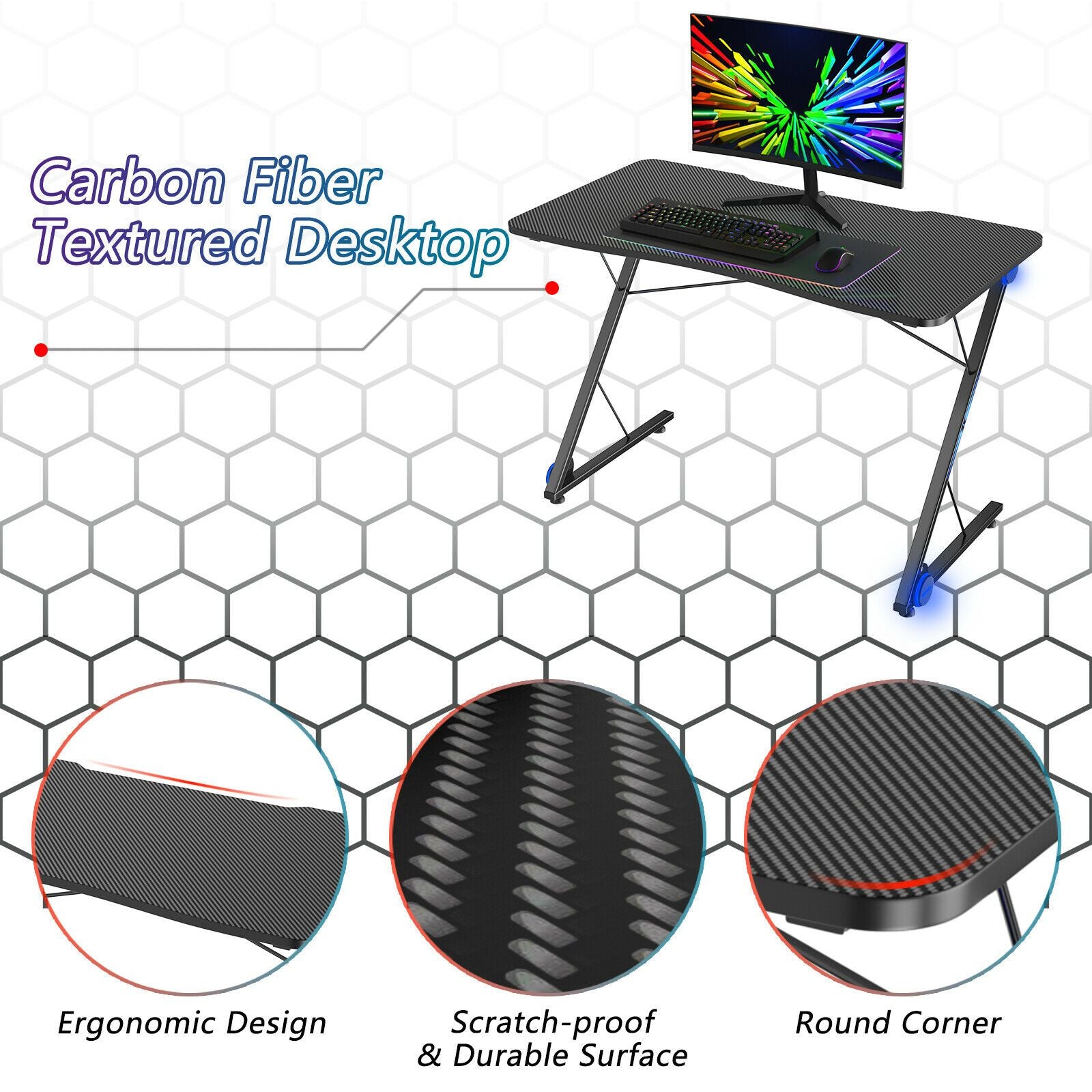 Z-Shaped Ergonomic Gaming Desk with Blue Lights