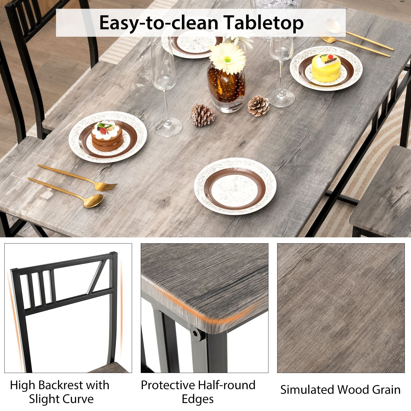 IndustrialNest: Industrial-Style Kitchen Table and 4 Chairs with Wood like Tabletop and Metal Frame