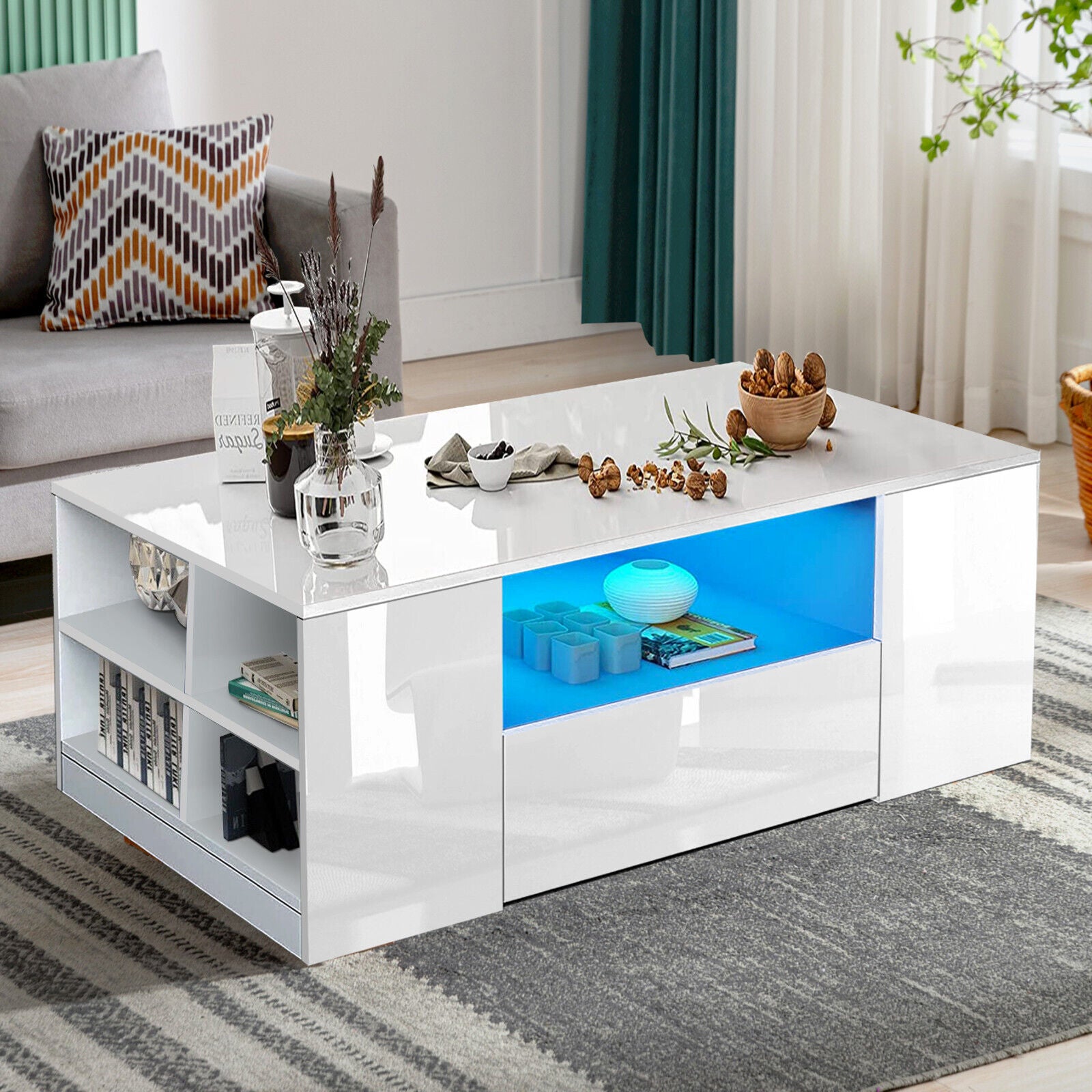 FutureNest: Stylish High Gloss Wooden LED Coffee Table with Storage & 2 Drawers for Modern Living Rooms