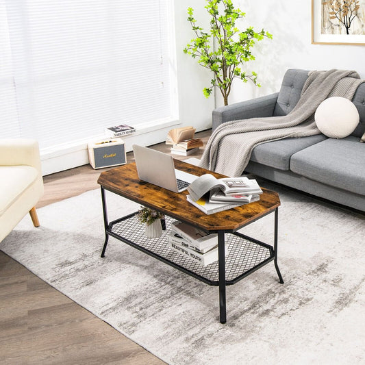 2-Tier Industrial Coffee Table with Open Metal Mesh Shelf