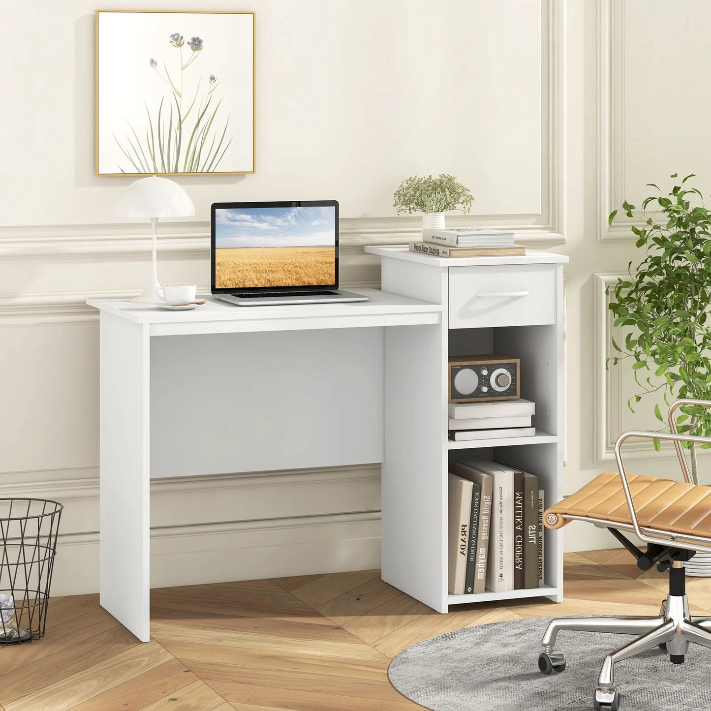 Modern Computer Desk with Adjustable Shelf and Cable Hole