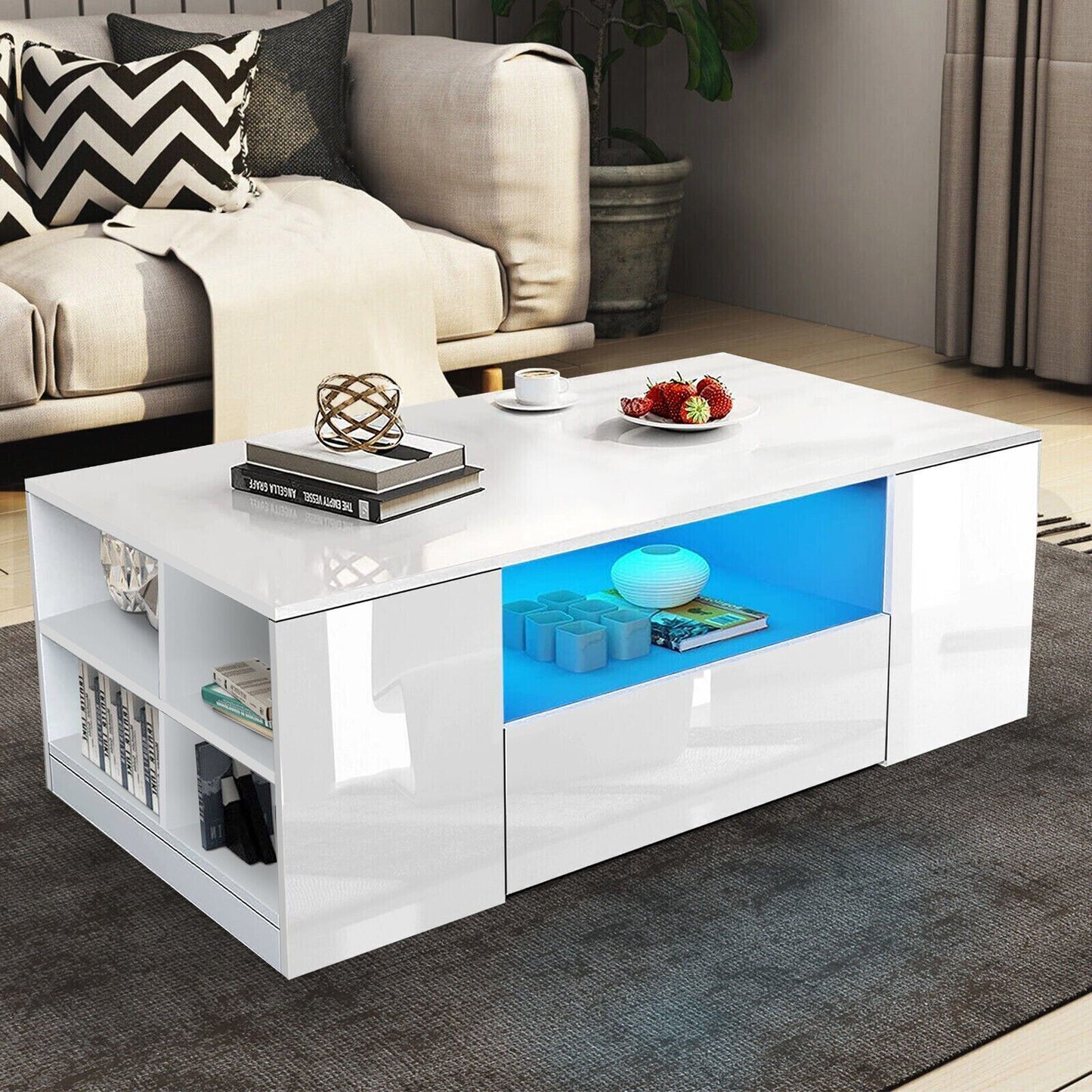 FutureNest: Stylish High Gloss Wooden LED Coffee Table with Storage & 2 Drawers for Modern Living Rooms