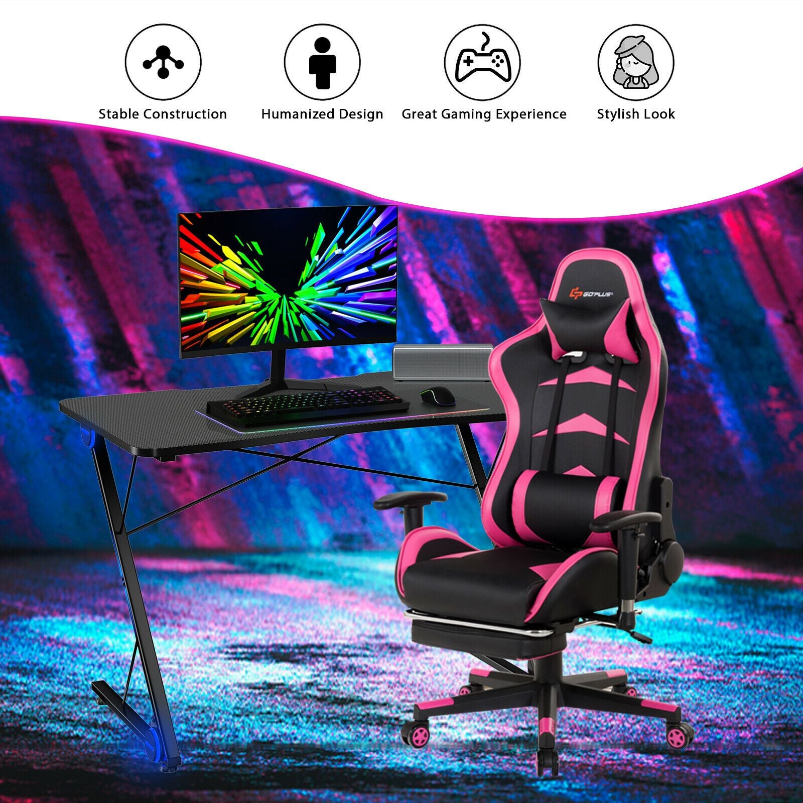 Z-Shaped Ergonomic Gaming Desk with Blue Lights