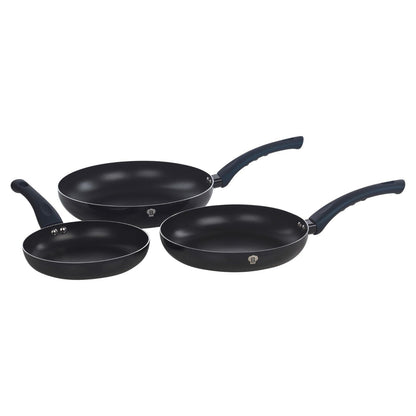 3 Pc Blaumann Frying Pan Set with Soft Touch Handles and 6 Pc Kitchen Tool Set