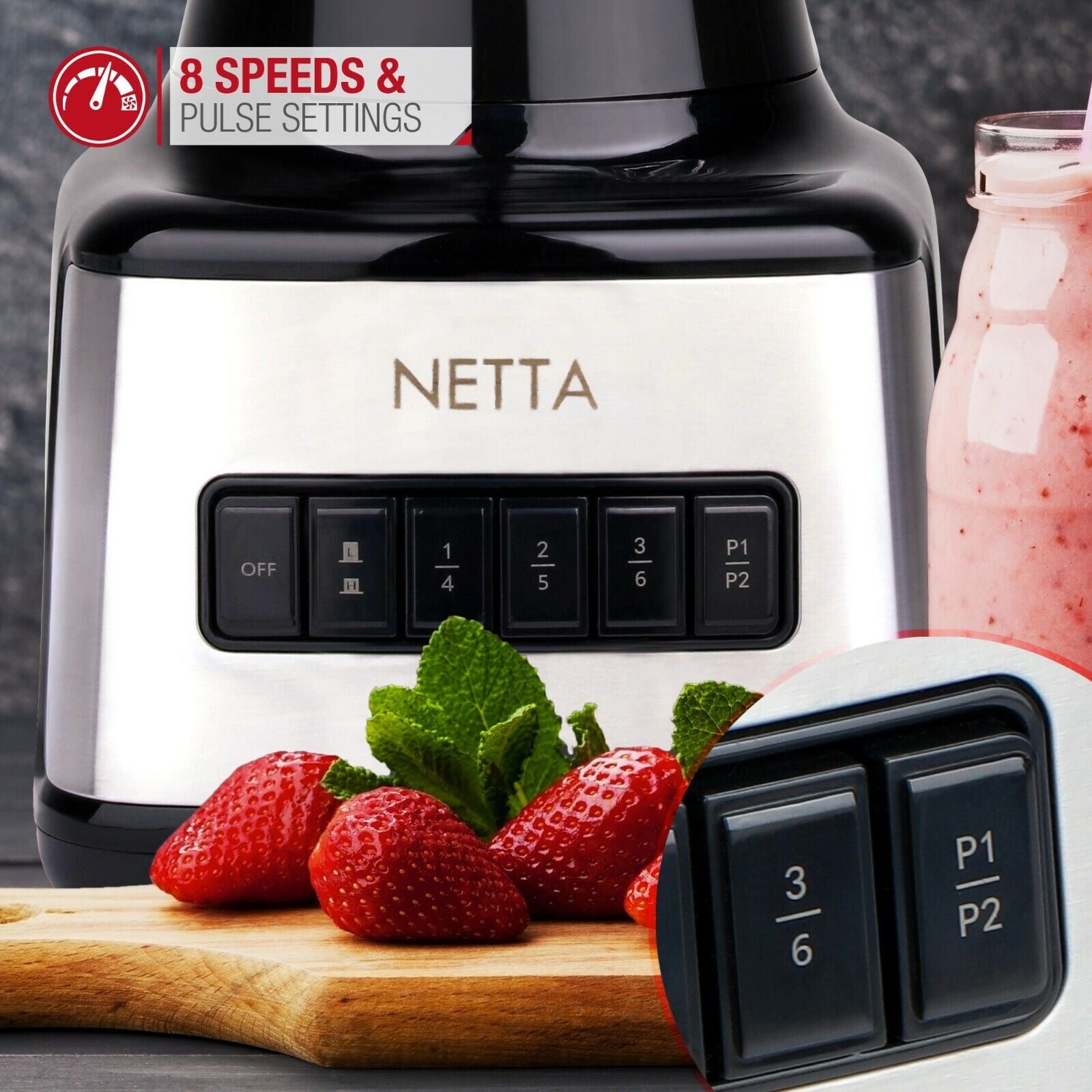 NETTA Table Blender Smoothie Maker with Glass Jug for Liquidisers, Milkshake