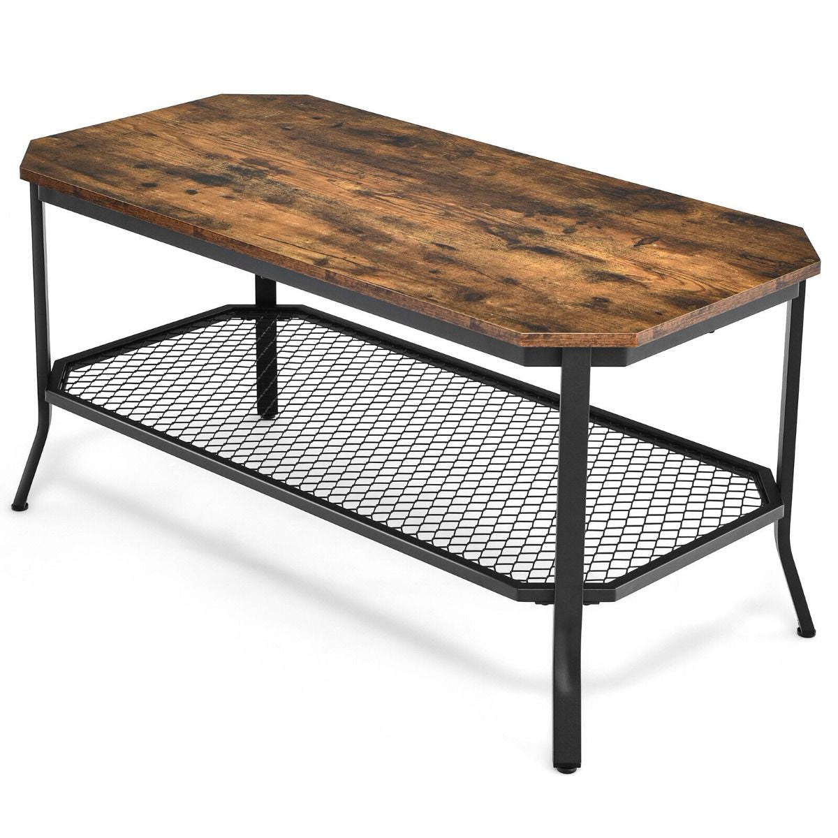 2-Tier Industrial Coffee Table with Open Metal Mesh Shelf