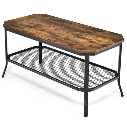 2-Tier Industrial Coffee Table with Open Metal Mesh Shelf